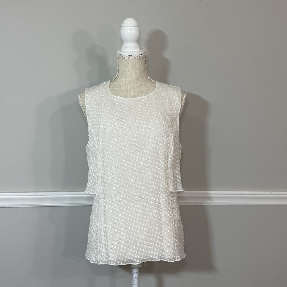 St John Swiss Dot Blouse Womans LG Sleeveless White Silk Blend Lined Coastal